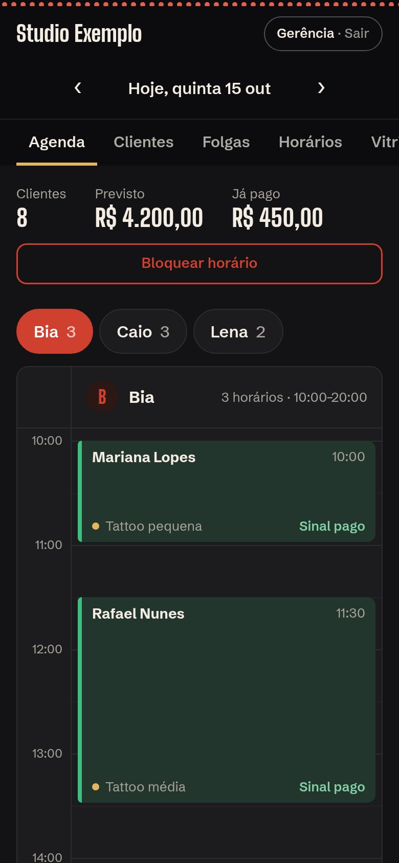 Painel do tatuador com as sessões do dia e sinais pagos